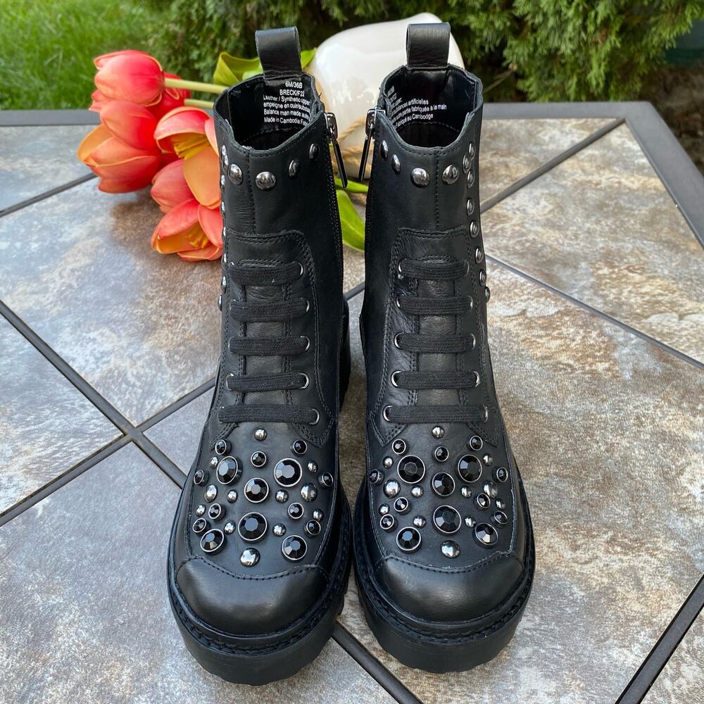 New KARL LAGERFELD PARIS Black Breck Studded Leather Moto Combat Boot Size 6 - Picture 5 of 12